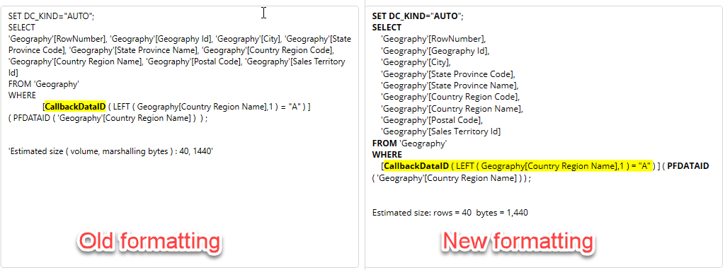 updated xmSQL formatting